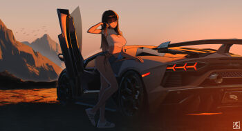 1girl arm_up bare_arms bare_legs bird black_eyes black_hair blue_shorts breasts car cleavage cleavage_cutout closed_mouth clothing_cutout crop_top cutoffs denim denim_shorts evening hand_in_own_hair highres lamborghini large_breasts leg_up looking_at_viewer motor_vehicle mountain navel orange_sky original outdoors shizuko_hideyoshi shoes short_shorts short_sleeves shorts sky smile sneakers solo sports_car standing standing_on_one_leg sunlight sunset white_shoes