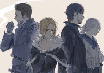 1girl 3boys barnabas_tharmr beard benedikta_harman black_capelet black_gloves black_hair black_jacket black_shirt blonde_hair braid capelet cidolfus_telamon cigar collarbone commentary_request facial_hair final_fantasy final_fantasy_xvi fingerless_gloves fur-trimmed_capelet fur_trim furrowed_brow gloves grey_hair hair_between_eyes hair_slicked_back holding holding_cigar j2_path jacket multiple_boys parted_bangs shirt side_braid sleipnir_harbard smoking upper_body white_shirt yellow_eyes
