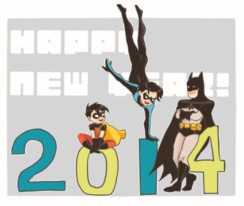 10s 2014 3boys batman batman_(series) black_hair boots brothers bruce_wayne cape dc_comics dick_grayson domino_mask eye_mask family father_and_son gloves gymnastics handstand happy_new_year holiday imo_(ume_syrop) male_focus mask multiple_boys new_year nightwing robin_(dc) siblings sitting smile tim_drake tim_drake_(dcau) upside-down
