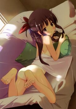 1girl absurdres ass barefoot blush brown_eyes brown_hair casual_nudity controller couch eyebrows feet female_focus game_controller gamepad hair_ribbon highres holding houmitsu loli long_hair looking_at_viewer looking_back lying nude on_stomach one-piece_tan original parted_lips pillow playstation_controller ribbon scan sidelocks soles solo sunlight tan tanline toe_scrunch toenails toes towel window