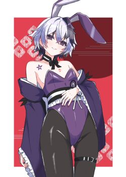1girl animal_ears bare_shoulders belt black_bow black_bowtie black_pantyhose blue_hair bow bowtie breasts collarbone commentary fake_animal_ears flower_(vocaloid) frilled_sleeves frills groin japanese_clothes kimono leotard looking_at_viewer multicolored_hair nail_polish noir_(noire6959) nontraditional_playboy_bunny obi off_shoulder pantyhose purple_eyes purple_kimono purple_leotard purple_nails rabbit_ears red_background sash short_hair small_breasts smile solo standing streaked_hair thigh_belt thigh_strap vocaloid wa_bunny