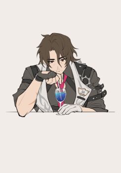 1boy bags_under_eyes beard_stubble brown_hair brown_shirt cross_scar cup drinking_glass drinking_straw facial_hair facing_viewer fingerless_gloves gallagher_(honkai:_star_rail) gloves head_on_hand highres holding holding_cup holding_drinking_straw honkai:_star_rail honkai_(series) looking_at_food looking_down male_focus mustache_stubble red_eyes scar scar_on_arm shirt shokun_2 stubble vest white_background white_gloves white_vest wine_glass