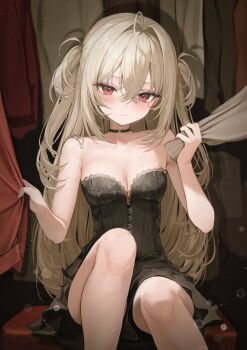 1girl ahoge bare_arms bare_shoulders black_choker black_dress blurry blurry_background blush bokeh breasts brown_hair choker closed_mouth commentary_request crossed_bangs depth_of_field dress feet_out_of_frame hair_between_eyes hair_intakes highres huge_ahoge iruka3 light_particles long_hair looking_at_viewer medium_breasts original red_eyes sitting solo strapless strapless_dress two_side_up very_long_hair