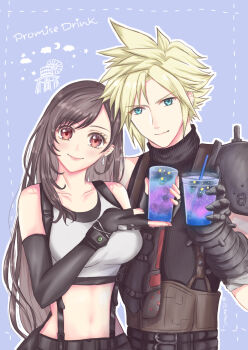 1boy 1girl armor bare_shoulders black_gloves black_hair black_skirt black_sports_bra blonde_hair blue_eyes blush bracelet breasts brown_hair closed_mouth cloud cloud_strife collarbone commentary_request crescent_moon crop_top cup drink drinking_straw earrings elbow_gloves eyelashes final_fantasy final_fantasy_vii final_fantasy_vii_remake fingerless_gloves gloves head_tilt height_difference holding holding_cup holding_drink jewelry large_breasts long_hair looking_at_viewer materia matsuri_(07_matsuri_) merchandise midriff moon navel red_eyes shoulder_armor single_arm_guard skirt sleeveless sleeveless_turtleneck smile spiked_hair sports_bra star_(symbol) suspender_skirt suspenders sweater swept_bangs tank_top tifa_lockhart turtleneck turtleneck_sweater water_tank water_tower white_tank_top windmill