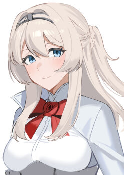 1girl akagi_kurage blue_eyes braid breasts commentary_request flower glorious_(kancolle) grey_hair half_up_braid half_updo headband highres jacket kantai_collection looking_at_viewer medium_breasts red_flower red_rose rose simple_background smile solo upper_body white_background white_jacket