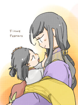 Rule 34 | 2boys, age difference, black hair, character name, chibi, closed mouth, elf, father and son, feanor, finwe, hand on another's head, height difference, long hair, looking down, looking up, male focus, multiple boys, open mouth, pixiv id 1298298, pointy ears, profile, teeth, the silmarillion, tolkien's legendarium, upper teeth only