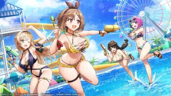 Rule 34 | 4girls, atelier (series), atelier ryza, atelier ryza 1, bikini, black hair, blonde hair, braid, breasts, brown eyes, brown hair, commentary request, dolphin wave, eyewear on head, ferris wheel, frilled bikini, frills, helly lewis, highres, holding, holding water gun, klaudia valentz, large breasts, long hair, multicolored hair, multiple girls, official art, one eye closed, open mouth, ponytail, reisalin stout, sandals, short hair, swimsuit, two-tone hair, water, water gun, waterpark, yamaba yume, yellow bikini