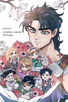 Rule 34 | 1girl, 6+boys, aqua dress, aqua eyes, birthmark, black coat, black hair, blonde hair, boots, bouquet, branch, brown boots, bruford, character name, chibi, circlet, coat, commentary, crossed legs, danny (jojo), dated, dio brando, dog, dress, eating, erina pendleton, facial hair, flower, food, food on face, frilled dress, frills, george joestar, hat, highres, holding, holding flower, holding food, indian style, joestar birthmark, jojo no kimyou na bouken, jonathan joestar, kneeling, long dress, long hair, multiple boys, mustache, mutsuki (mutuki05), necktie, orange eyes, phantom blood, red flower, red necktie, red rose, robert e. o. speedwagon, rose, sandwich, sitting, star (symbol), sword, thick eyebrows, top hat, weapon, will anthonio zeppeli, yellow eyes