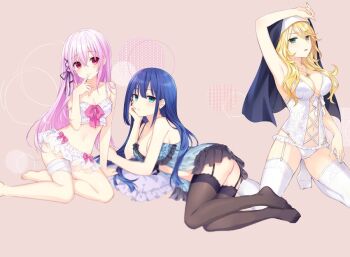 Rule 34 | 3girls, babydoll, bandaged leg, bandages, black ribbon, blue babydoll, blue hair, breasts, cleavage, dark blue hair, detexted, engage kiss, garter straps, habit, hair between eyes, hair ornament, hair ribbon, kisara (engage kiss), lingerie, long hair, looking at viewer, medium breasts, multiple girls, nun, nun headdress, official art, pink eyes, pink hair, red eyes, ribbon, sharon holygrail, small breasts, third-party edit, tsunako, underwear, x hair ornament, yuugiri ayano