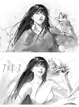 1girl absurdres animal_ears blood bouquet collarbone commentary_request dress flower greyscale highres indie_utaite long_hair long_sleeves mole mole_under_eye monochrome nail_polish nosebleed open_mouth sweater utaite vanta_(utaite) wz_(woyzeck)