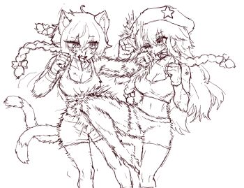 Rule 34 | 2girls, alternate costume, animal ear fluff, animal ears, barefoot, beret, blood, blood from mouth, bow, braid, breasts, cat ears, cat tail, catfight, cleavage, commentary, hair bow, hat, hat ornament, hong meiling, kaenbyou rin, long hair, midriff, multiple girls, multiple tails, navel, nekomata, nosebleed, punching, rampa93, shorts, sports bra, star (symbol), star hat ornament, tail, toes, touhou, twin braids, two tails, very long hair, wrestling outfit