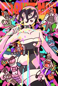 3girls 5boys angel_devil_(chainsaw_man) angel_wings bare_arms bare_shoulders beak beam_(chainsaw_man) black_choker black_coat black_hair black_pantyhose black_shoes blonde_hair blue_coat blue_pants box breasts brown_hair chainsaw_devil chainsaw_man choker christmas coat commentary_request creature crossed_arms crossed_legs demon_girl denji_(chainsaw_man) dress fake_facial_hair fake_mustache fur-trimmed_coat fur-trimmed_dress fur-trimmed_thighhighs fur_trim gift gift_box green_eyes grenade_pin hair_between_eyes halo hands_on_own_hips hayakawa_aki higashiyama_kobeni highres holding holding_sack hood hood_up horns loose_socks medium_breasts merry_christmas multiple_boys multiple_girls open_mouth pants pantyhose pochita_(chainsaw_man) ponytail power_(chainsaw_man) red_dress red_hair red_horns reze_(chainsaw_man) sack santa_costume santa_dress shark sharp_teeth shoes short_ponytail smile socks strapless strapless_dress takeuchi_ryousuke teeth thighhighs tongue tongue_out traditional_halo tube_dress violence_fiend_(chainsaw_man) wavy_mouth white_socks wings