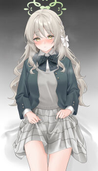 1girl absurdres bed_sheet black_bow black_bowtie black_jacket blazer blue_archive blush bow bowtie braid commentary_request diagonal-striped_bow diagonal-striped_bowtie diagonal-striped_clothes gfpebs green_halo grey_skirt grey_sweater_vest hair_bow hair_ribbon halo highres jacket long_hair long_sleeves looking_at_viewer miyo_(blue_archive) nose_blush open_clothes open_jacket ribbon ribbon_braid shirt side_braids sitting skirt skirt_hold solo striped_bow striped_bowtie striped_clothes sweat sweater_vest thighs white_bow white_shirt