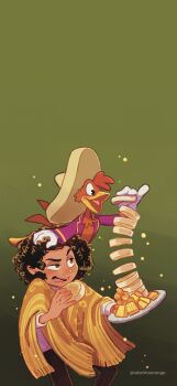 2boys brown_eyes brown_hair camilo_madrigal company_connection curly_hair dark-skinned_male dark_skin encanto gloves hat highres male_focus mickey_mouse_&amp;_friends multiple_boys open_mouth panchito_pistoles poncho shirt short_hair simple_background smile sombrero takatmaorange the_three_caballeros white_gloves white_shirt