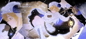 1boy absurdres alternate_costume animal animal_ears animal_hug aotu_world baby_animal black_sash blonde_hair bloomers blue_eyes blush boots bow cape character_name chinese_commentary crossdressing crossdressing_(mtf) dress english_text floating flower frilled_dress frilled_hat frills from_side fur-trimmed_cape fur_trim gloves hair_between_eyes hat highres holding holding_animal horns kemonomimi_mode king_(aotu_world) knee_boots lace-up_boots lantern letter light_particles long_sleeves looking_at_animal looking_at_viewer male_focus moon multiple_views parted_lips petals plutoray pointy_ears profile puffy_long_sleeves puffy_sleeves rose sash sheep sheep_boy sheep_ears sheep_horns short_hair sky solo sparkle star_(sky) star_(symbol) starry_sky trap two-sided_cape two-sided_fabric underwear wand watermark weapon weapon_on_back white_bloomers white_boots white_bow white_cape white_dress white_gloves white_hat