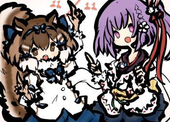 Rule 34 | 2girls, animal ears, brown eyes, brown hair, chipmunk ears, chipmunk girl, chipmunk tail, extra ears, flower, gloves, hair flower, hair ornament, japanese clothes, kemono friends, kemono friends v project, kimono, long hair, looking at viewer, microphone, multiple girls, prismplus, purple eyes, purple hair, ribbon, scarf, shirt, short hair, shorts, siberian chipmunk (kemono friends), simple background, tail, tanuki kamen, tenjin kotone, vest, virtual youtuber