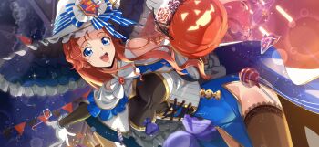 1girl arm_up artist_request bare_shoulders black_thighhighs blue_bow blue_cape blue_eyes blue_ribbon blue_skirt blurry blurry_foreground bow breasts brooch candy candy_cane cape code_geass code_geass:_lost_stories code_geass:_soubou_no_oz corset covered_navel cowboy_shot dutch_angle emblem english_text female_focus food frilled_hat frills game_cg gem gloves gold_trim halloween halloween_bucket hand_up happy hat hat_bow hat_ribbon high-waist_skirt highres holding jewelry lace lace-trimmed_thighhighs lace_trim large_breasts leaning_forward lens_flare lollipop long_hair looking_at_viewer marrybell_mel_britannia night non-web_source official_art open_mouth orange_hair outdoors outstretched_arm pelvic_curtain red_gemstone ribbon side_slit sidelocks skirt smile solo sparkle standing string_of_flags striped_bow striped_ribbon teeth thighhighs two-sided_cape two-sided_fabric white_gloves white_hat witch_hat