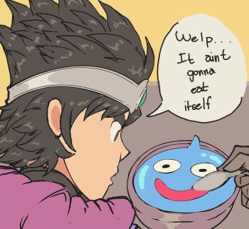 bowl davewaterfalls dragon_quest erdrick hero_(dq1) male_focus slime_(dragon_quest) speech_bubble spoon tiara