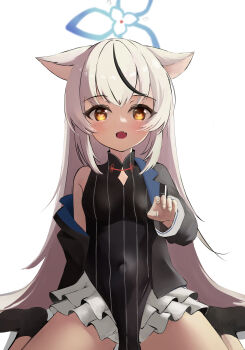 1girl absurdres animal_ears bare_legs black_dress black_hair black_socks blue_archive blue_halo breasts china_dress chinese_clothes clothing_cutout diamond_cutout dress fang grey_hair halo heart heart-shaped_pupils highres jacket kokona_(blue_archive) layered_skirt light_blush long_hair long_sleeves looking_at_viewer moepu. multicolored_hair orange_eyes pelvic_curtain sitting skin_fang skirt small_breasts socks solo streaked_hair striped_clothes striped_dress symbol-shaped_pupils vertical-striped_clothes vertical-striped_dress very_long_hair wariza white_background white_skirt