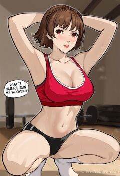 1girl armpits arms_up black_buruma braid breasts brown_hair buruma cleavage crown_braid english_text exercising highres lepypepy lips medium_breasts niijima_makoto no_shoes parted_lips persona persona_5 red_eyes red_sports_bra short_hair socks solo speech_bubble sports_bra squatting steaming_body sweat thighs tiptoes white_socks