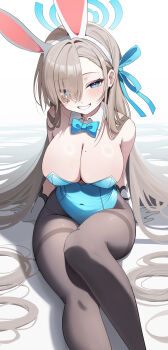 1girl absurdres animal_ear_hairband animal_ears arm_support asuna_(blue_archive) asuna_(bunny)_(blue_archive) asymmetrical_bangs bare_shoulders blue_archive blue_bow blue_bowtie blue_halo blue_leotard blue_ribbon blush bow bowtie breasts cleavage commentary covered_navel detached_collar elbow_gloves fake_animal_ears gloves hair_intakes hair_over_one_eye hair_ribbon hairband halo highleg highleg_leotard highres kinsuke_z large_breasts leotard long_hair looking_at_viewer mole mole_on_breast official_alternate_costume playboy_bunny rabbit_ear_hairband rabbit_ears ribbon simple_background smile solo strapless strapless_leotard symbol-only_commentary very_long_hair white_background white_gloves
