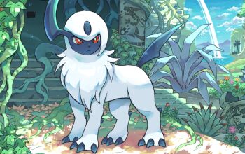 Rule 34 | absol, animal focus, blue sky, bright pupils, claws, closed mouth, cloud, commentary request, day, gen 3 pokemon, horns, leaf, nintendo, no humans, outdoors, plant, plant roots, pokemon, pokemon (creature), pokemon focus, pokemon tcg, red eyes, ruins, sen pic, single horn, sky, stairs, tree, water, white pupils