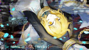 1girl black_necktie blonde_hair bound bound_wrists chain commentary don_quixote_(project_moon) eyelashes glitch highres index_(identity)_(project_moon) limbus_company looking_at_viewer necktie nishikujic parted_lips project_moon short_hair solo watermark wide-eyed yellow_eyes