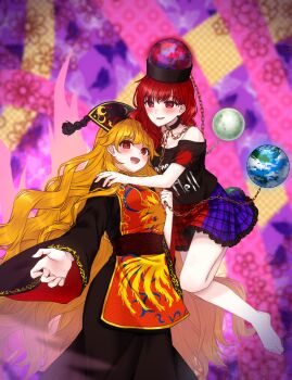 Rule 34 | 2girls, absurdres, barefoot, black dress, black hat, black shirt, blonde hair, blush, chain, clothes writing, commentary request, dalachi (headdress), dress, earth (ornament), energy, energy tail, floating, fox tail, gold chain, hat, hecatia lapislazuli, highres, junko (touhou), long hair, long sleeves, looking at viewer, mochigumo, moon (ornament), multicolored skirt, multiple girls, multiple tails, neck ribbon, off-shoulder shirt, off shoulder, phoenix print, red eyes, red hair, red tabard, ribbon, shirt, skirt, smile, t-shirt, tabard, tail, toes, touhou, underworld (ornament), very long hair, wide sleeves, yellow ribbon, yuri