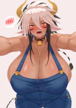 animal_ears armpits bell blue_overalls blush breasts brown_eyes cathyl commission cow_ears cow_girl cow_horns cow_tail cowbell cream_cod dark-skinned_female dark_skin highres horns huge_breasts monster_musume_no_iru_nichijou naked_overalls open_mouth overalls sweat tail