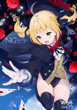 1girl ahoge black_boots black_cloak black_hat black_jacket black_leotard black_ribbon black_thighhighs blonde_hair boots bow bowtie brown_vest cane card cloak commentary_request commission curly_hair flower gem gloves green_eyes hat highleg highleg_leotard highres jacket leg_up leotard leotard_under_clothes long_hair mochiko_tsuru open_mouth original outstretched_arm petals phantom_thief phantom_thief_(kkmomo67) playing_card red_bow red_bowtie ribbon rose shirt skeb_commission solo standing standing_on_one_leg thigh_boots thighhighs thighs top_hat twintails vest white_gloves white_shirt