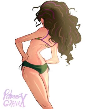 Rule 34 | 1girl, artist name, bikini, facing away, hands on own hips, looking away, marvel, olivia octavius, palmergranax, side-tie bikini bottom, spider-man: into the spider-verse, spider-man (series), spider-verse, stray hair, sweat, sweatdrop, swimsuit, tagme