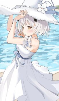 1girl absurdres adjusting_clothes adjusting_headwear beach blue_archive blush breasts closed_mouth dress expressionless fib._(fibfibdot) flower from_side grey_halo halo hat hat_flower highres looking_at_viewer medium_breasts medium_hair ocean outdoors sena_(blue_archive) sena_(casual)_(blue_archive) solo sun_hat sundress white_dress white_flower white_hair white_hat yellow_eyes