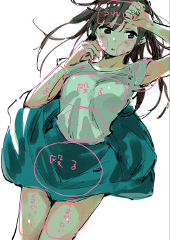 1girl arm_up blue_skirt breasts brown_hair chart cowboy_shot diagram highres kanojo_okarishimasu long_hair lying miyajima_reiji mizuhara_chizuru official_art on_back shirt simple_background skirt solo thighs translation_request white_background white_shirt