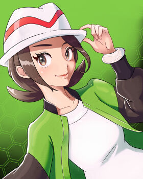 1girl absurdres adjusting_clothes adjusting_headwear breasts brown_eyes brown_hair collarbone curled_fingers eyelashes female_focus flipped_hair gradient_background green_jacket green_theme happy harmony_(pokemon) hat highres honeycomb_(pattern) honeycomb_background jacket leaning_to_the_side lips long_sleeves looking_at_viewer matching_hair/eyes medium_hair mega_ring neck nintendo open_clothes open_jacket outstretched_arm parted_bangs pokemon pokemon_legends:_z-a porkpie_hat senyamai shirt sidelocks small_breasts smile upper_body white_shirt