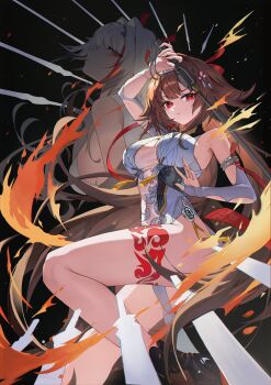 2girls absurdres animal_ear_fluff animal_ears arm_up armlet bare_shoulders black_background black_hair black_shoes bracelet breasts chann837 china_dress chinese_clothes closed_mouth clover clover_hair_ornament commentary_request covered_navel dress droopy_ears dual_persona fire floating floating_object floating_sword floating_weapon foot_out_of_frame gradient_hair hair_ornament hairband highres holding holding_sword holding_weapon horse_ears horse_girl horse_tail jewelry leg_tattoo long_hair looking_at_viewer medium_breasts metal_bracelet multicolored_hair multiple_girls multiple_swords pelvic_curtain red_eyes red_hair shoes silver_armlet silver_bracelet sword tail tattoo very_long_hair weapon white_dress white_hair white_hairband ye_shunguang zenless_zone_zero