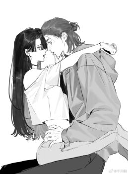 Rule 34 | 1boy, 1girl, bare shoulders, black choker, breasts, choker, commentary, crop top, earrings, eren yeager, fingernails, genderswap, genderswap (mtf), grey hoodie, hair between eyes, hair bun, half updo, hand on another's cheek, hand on another's face, hand on another's waist, hetero, highres, hood, hood down, hoodie, hoop earrings, jewelry, levi (shingeki no kyojin), light blush, long fingernails, long hair, looking at another, medium breasts, medium hair, midriff, off-shoulder shirt, off shoulder, parted bangs, parted lips, senkawaakatsuki, shingeki no kyojin, shirt, symbol-only commentary, tears, upper body, white background, white shirt