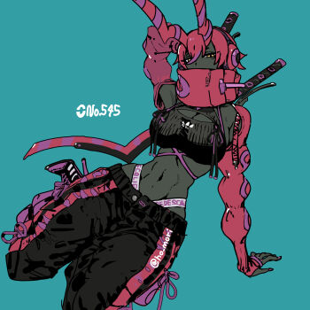 1girl antennae arm_behind_head black_bra black_pants black_skin blue_background bra breasts cleavage colored_skin dark-skinned_female dark_skin detached_collar full_body gen_5_pokemon harurie headphones high_heels highres looking_at_viewer navel nintendo pants panty_straps personification pink_hair pink_shrug pokedex_number pokemon pokemon_(creature) purple_ribbon ribbon scolipede shrug_(clothing) simple_background sitting solo sweatpants sword sword_on_back underwear weapon weapon_on_back yellow_eyes
