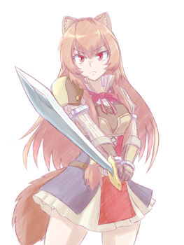 1girl animal_ear_fluff armor belt black_dress breastplate breasts brown_armor brown_belt brown_gloves brown_hair closed_mouth collared_dress commentary_request cowboy_shot dress elbow_gloves frown gloves high_collar highres holding holding_sword holding_weapon keints layered_dress leather_armor long_hair long_sleeves medium_breasts metal_arm_cuffs metal_wrist_cuffs neck_ribbon pauldrons pinstripe_dress pinstripe_pattern racc raccoon_girl raccoon_tail raphtalia red_dress red_eyes red_ribbon ribbon short_dress shoulder_armor simple_background single_pauldron sleeveless sleeveless_dress solo sword tail tate_no_yuusha_no_nariagari two-tone_dress v-shaped_eyebrows weapon white_background white_dress