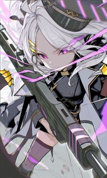 1girl ahoge armband black_coat black_thighhighs blue_archive breasts casual coat coat_on_shoulders demon_horns demon_wings gun highres hina_(blue_archive) holding holding_gun holding_weapon horns linedrawing_man long_hair looking_at_viewer low_wings machine_gun mg42 purple_eyes red_armband small_breasts solo standing thighhighs very_long_hair weapon white_hair wings
