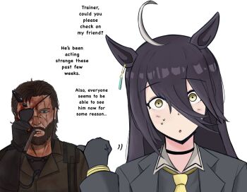 1boy 1girl :o ahoge animal_ears beard black_coat black_gloves black_hair black_shirt blood blood_on_face blush brown_hair cigar coat collared_shirt commentary ear_ornament ear_tag earrings english_commentary english_text eyepatch facial_hair gloves green_eyes green_jacket hair_between_eyes hand_up highres holding holding_cigar horns horse_ears horse_girl jacket jewelry johnholl0w long_bangs long_hair long_hair_between_eyes long_sleeves looking_at_viewer manhattan_cafe_(creeping_shadow)_(umamusume) manhattan_cafe_(umamusume) metal_gear_(series) metal_gear_solid_v:_the_phantom_pain multicolored_hair necktie open_clothes open_coat pov scar scar_across_eye scar_on_face shirt short_hair single_earring single_horn sweatdrop umamusume upper_body venom_snake white_background white_hair yellow_eyes yellow_necktie