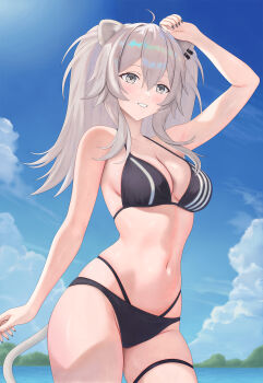 Rule 34 | 1girl, ahoge, animal ears, arabiki50, arm up, bikini, black bikini, black nails, blue sky, breasts, cleavage, cloud, commentary, day, grey eyes, grey hair, grin, highres, hololive, large breasts, lion ears, lion girl, lion tail, long hair, navel, outdoors, shishiro botan, sky, smile, solo, stomach, swimsuit, symbol-only commentary, tail, thigh strap, two side up, very long hair, virtual youtuber