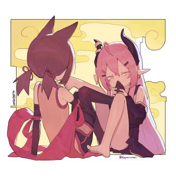 2girls absurdres ahoge animal_ears barefoot black_gloves black_jacket black_pantyhose black_shorts black_skirt borrowed_character brown_hair brown_shirt daquan_wubai demon_girl demon_horns earrings elbow_gloves feet female_focus foot_grab full_body gloves hair_ornament hairclip hand_on_own_thigh highres horns jacket jewelry leg_up legs loli long_hair low_twintails multiple_girls no_shoes no_tail original pantyhose pink_eyes pink_hair pointy_ears shirt short_hair shorts sitting skirt sleeveless sleeveless_shirt smelling smelling_feet thighs toes twintails yuri