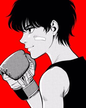 1girl androgynous bandaid bandaid_on_cheek bandaid_on_face boxing boxing_gloves commentary_request from_side greyscale_with_colored_background hatching_(texture) highres lee_(dragon_garou) original red_background short_hair smile solo tank_top