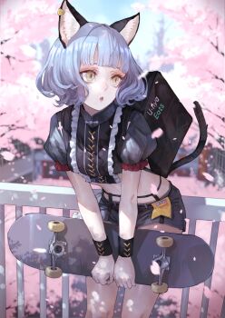 1girl against_railing animal_ears cat_ears cat_girl cat_tail cherry_blossoms delivery denim denim_shorts food_delivery_box frills highres kamitsubaki_studio kaoming nina_(valis) open_mouth railing short_hair shorts sinsekai_record skateboard slit_pupils tail uber_eats valis_(sinsekai) virtual_youtuber white_hair wristband yellow_eyes