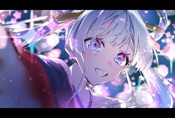 Rule 34 | 1girl, backlighting, bare shoulders, blue eyes, blurry, blurry background, bonnodori1, cho kaguya-hime!, hair ornament, hair rings, hair stick, hashtag-only commentary, highres, japanese clothes, kimono, letterboxed, long hair, looking at viewer, runami yachiyo, smile, solo, sparkle, twintails, upper body, white hair