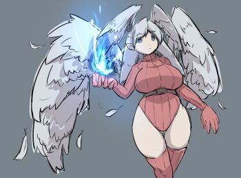 1girl angel_wings breasts closed_mouth feathered_wings final_fantasy final_fantasy_tactics gloves gluteal_fold grey_hair head_wings highleg highleg_leotard highres large_breasts leotard long_hair looking_at_viewer magic pointy_ears red_eyes red_leotard red_thighhighs simple_background solo thighhighs u-non_(annon&#039;an) ultima_(fft) weapon white_hair wings