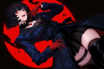 Rule 34 | black collar, black hair, blood, blood in mouth, blue coat, coat, collar, deadlock (game), fangs, gloves, hand on own hip, hand to own mouth, highres, mina (deadlock), moon, red eyes, red gloves, red moon, short hair, skindentation, thick thighs, thigh strap, thighhighs, thighs, vampire, yan kodiac, zettai ryouiki