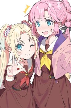 2girls :d ;) ^^^ anyoji_hime black_ribbon blonde_hair blue_eyes blue_hair blush brown_dress commentary curtained_hair dress flower gradient_hair hair_flower hair_ornament hair_ribbon hasu_no_sora_school_uniform highres jacket kai_(shell) leaning_forward link!_like!_love_live! long_sleeves looking_at_another looking_at_viewer love_live! mira-cra_park! multi-tied_hair multicolored_hair multiple_girls neckerchief nervous_smile one_eye_closed open_clothes open_jacket open_mouth osawa_rurino pink_flower pink_hair pink_jacket ponytail red_neckerchief ribbon sailor_collar sailor_dress school_uniform sidelocks simple_background smile sweatdrop twintails virtual_youtuber w wavy_mouth white_background white_sailor_collar winter_uniform yellow_neckerchief