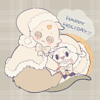 anoko_(chiikawa) capelet chiikawa commentary_request creature dekatsuyo_(chiikawa) english_text fur-trimmed_capelet fur_trim grey_background happy_holidays hat horns looking_at_viewer nagasode_(nagasode0123) no_humans plaid_background santa_hat single_horn