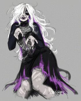 1girl absurdres black_bra black_choker black_eyeshadow black_lips black_nails bra bra_visible_through_clothes breasts choker colored_inner_hair commentary coulsart crazy dead_by_daylight emo_fashion english_commentary eyeshadow fingernails goth_fashion grey_background grey_eyes hair_over_one_eye heart heart_choker highres lipstick long_hair looking_at_viewer makeup mascara messy_hair multicolored_hair no_eyebrows pantyhose pointing pointing_at_viewer purple_hair runny_makeup sable_ward sharp_fingernails shrug_(clothing) signature skirt small_breasts smile solo torn_clothes torn_pantyhose torn_skirt two-tone_hair underwear white_hair